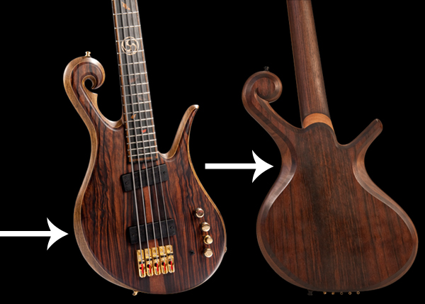 Arm bevel and body bevels on two Xylem custom basses