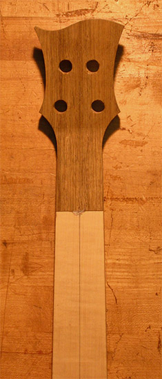 Black limba veneer on back of a Xylem bass headstock