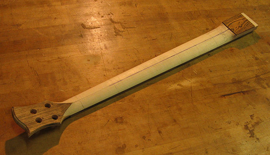 Profile of a custom bass neck with limba headstock veneer