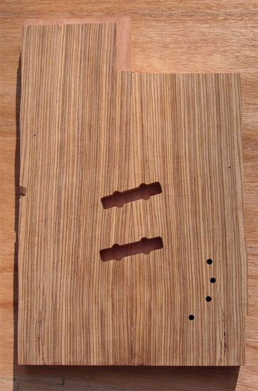 Zebra wood top on a mahogany bass body blank