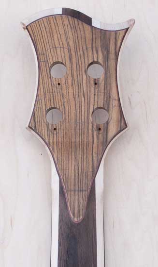 Bocote and purpleheart veneer on a wenge bass neck