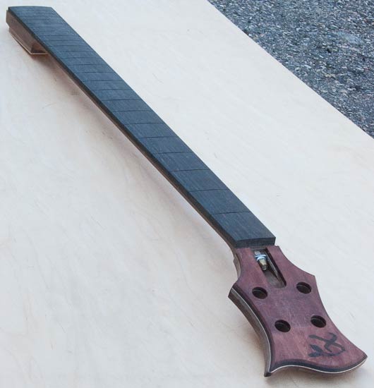 Lefty bass guitar neck with Xylem headstock shape