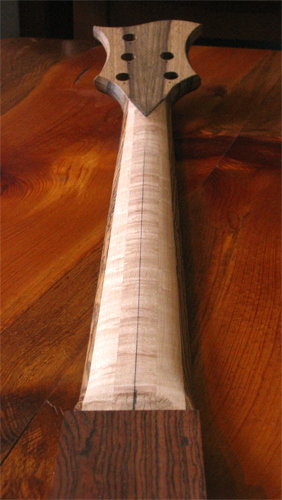 The custom bass' birdseye maple and bocote neck