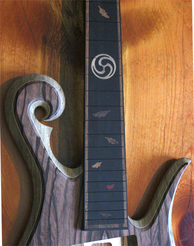 Close up of the custom bass' scroll showing macassar ebony and black limba core wood with maple veneer accent.