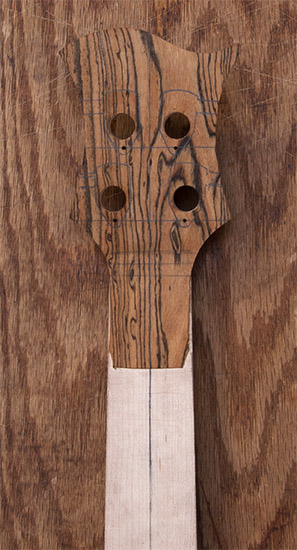 Bocote headstock on a short scale bass neck, back
