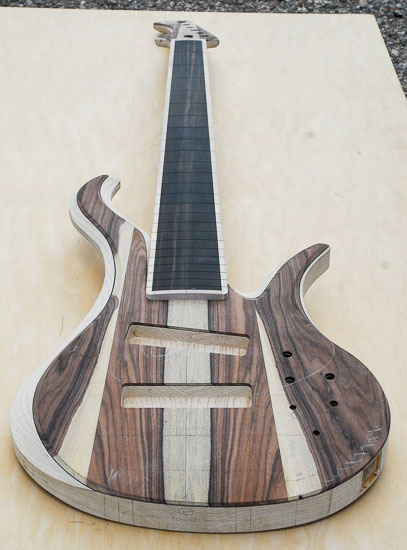 Custom 6-string bass with Bolivian rosewood top, ash body