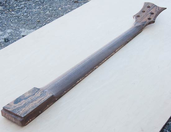 Custom bass neck with bocote binding, maple dots