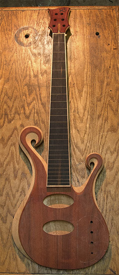Custom 6-strng bass with ebony fretboard, Delano pickup routes, carved