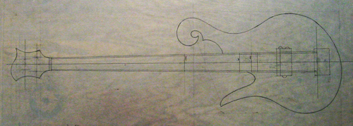 Design of a Xylem left hand four string custom bass with scroll and a single Nordstrand pickup