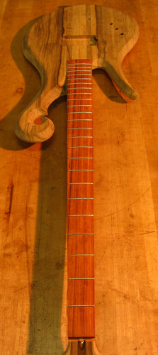 4 string lefty custom bass with frets in its cocobolo fretboard