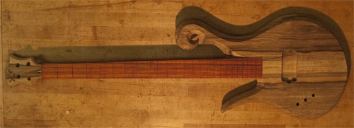 Left-handed bass guitar with black limba body and cocobolo fretboard