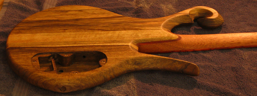 Lefty custom bass with mahogany neck shown from the back and side
