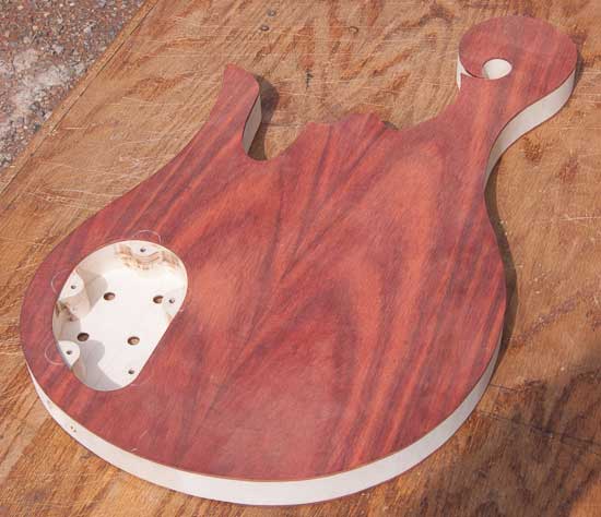 Custom bass guitar with bloodwood tops, maple core