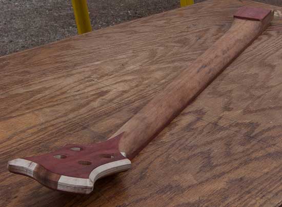 Maple/tigerwood/bloodwood custom bass neck, back