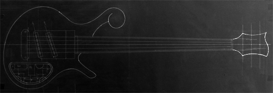 5 string custom bass design with ball scroll and Jazz pickups