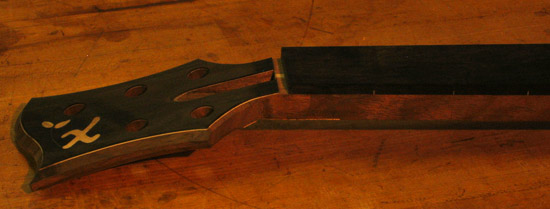 Side of a black walnut bass neck with ebony fretboard