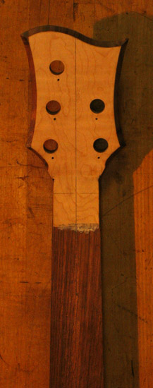 Curly maple veneer on the back of a 5 string bass headstock