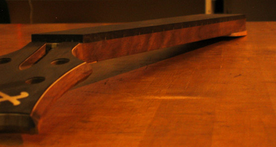 Fret markers on a bass guitar ebony fretboard