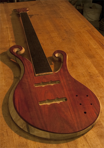 Two single coil shaped pickup cavitys in a bloodwood 6 string bass