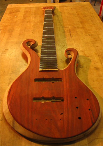 Custom 6 string bass with bloodwood top and fretted ebony fingerboard