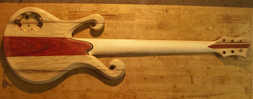 Back of a Xylem custom 6 string bass with two scrolls