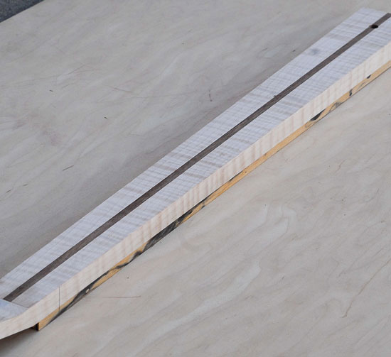 Lefty bass guitar neck with Xylem headstock shape