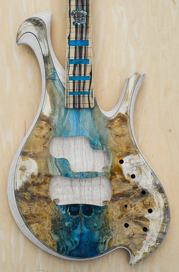 Resin stabilized topwood on a custom bass build