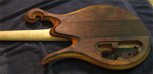 5 string bass' back with quartersawn maple neck and black walnut top wood