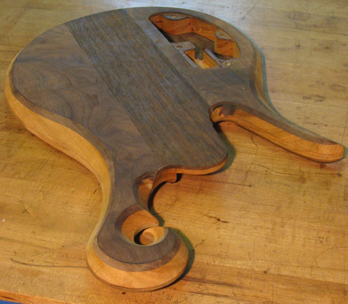 Rear of a Xylem custom bass guitar after carving