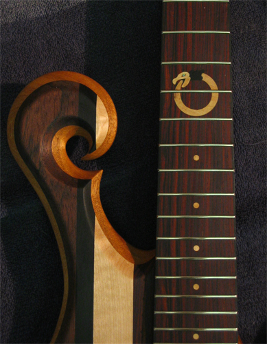 Uroboros inlay in a bass' cocobolo fingerboard