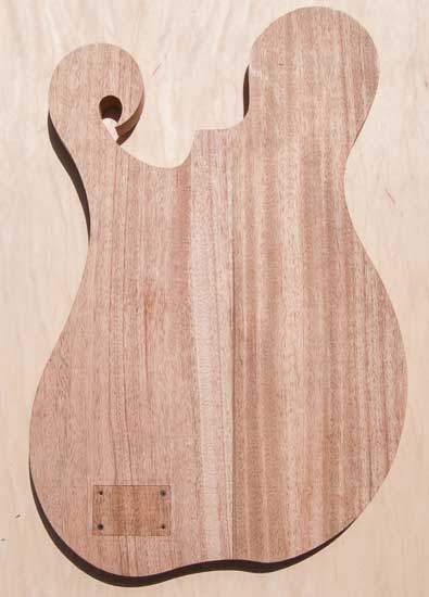 Flamed maple custom bass, single-cut w/ scroll, back