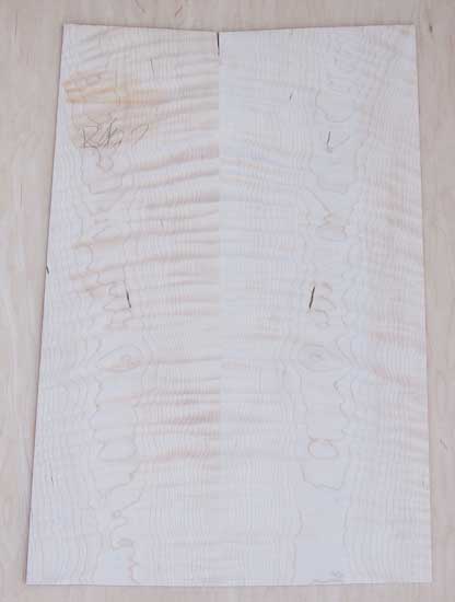 Flamed maple topwood for a custom bass guitar, bookmatched