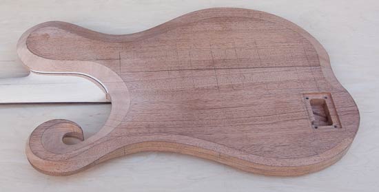 Mahogany custom bass with carved neck heel for high fret access