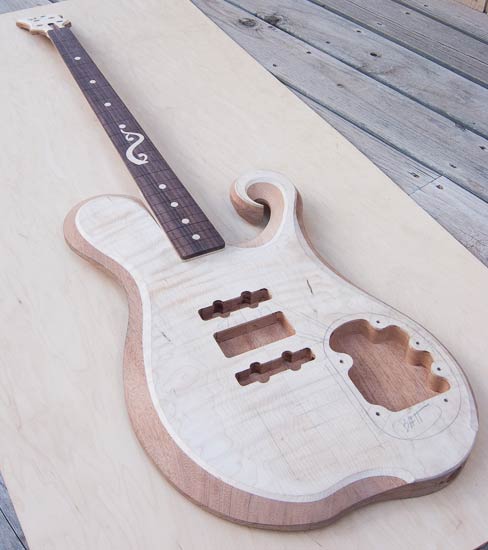 Exotic custom bass guitar, mahogany body, maple neck