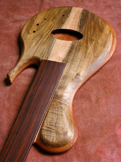 Fretless custom bass with pau ferro fretboard, spalted maple top