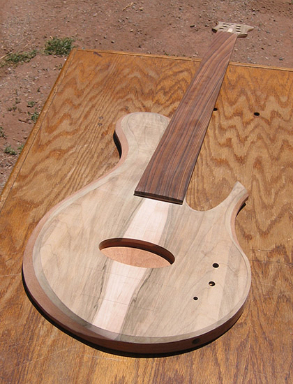 5 string custom bass with single-cutaway body, Delano pickup route