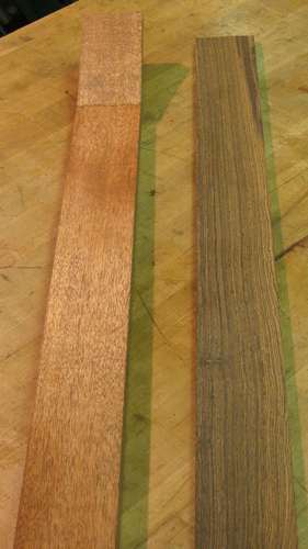 Bocote fretboard and mahogany neck with scarf joint