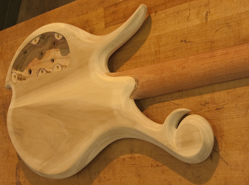 Xylem style scroll on a bass with a poplar body