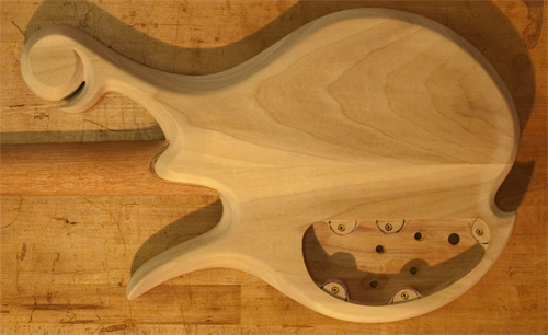 Bocote neck shim, Xylem scroll and control cavity of a custom bass