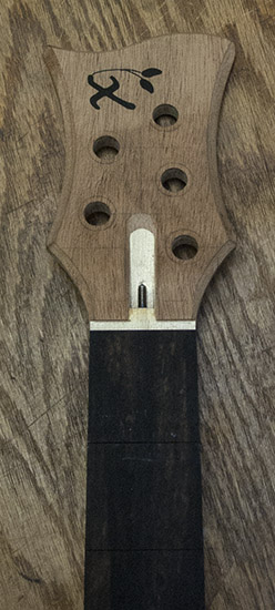 5-string sub-contra bass headstock with Xylem logo in ebony