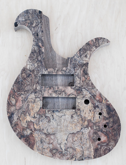 Spalted maple top on a 5-string bass body