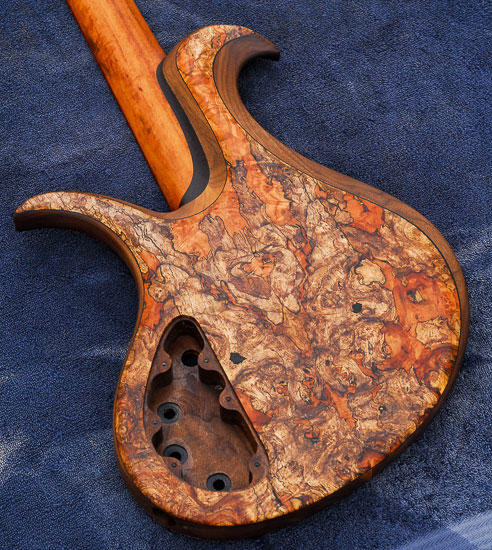 Control cavity route on an exotic bass guitar build