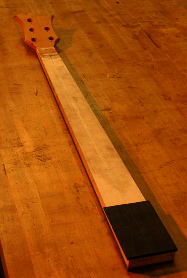 Ebony neck shim and headstock on a quarter sawn bass neck