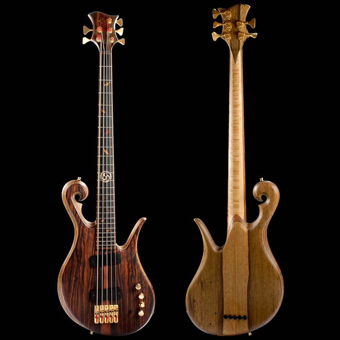 Front of the Xylem 5 string custom bass guitar with Hipshot hardware, Bartolini pickups and macassar ebony top