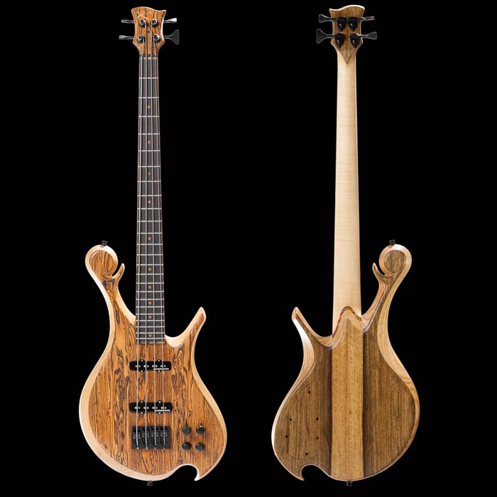 Short scale custom bass with ash body, bocote top, front and back