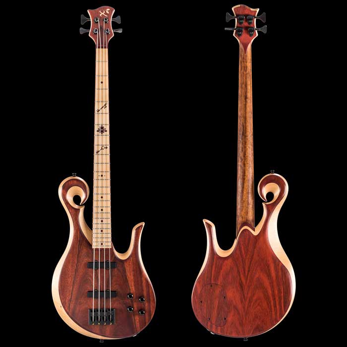 Bloodwood bass guitar with custom fretboard inlay