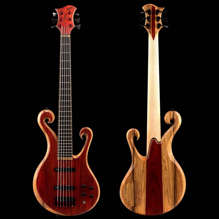 6 string custom bass with blood wood top and double scrolls