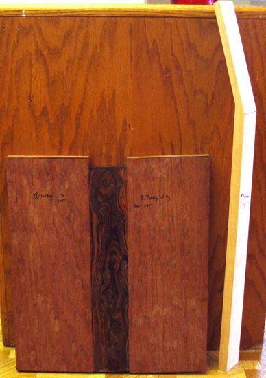 Jatoba (brazilian cherry) and cocobolo body blank and a quartersawn rock maple neck blank with scarf joint
