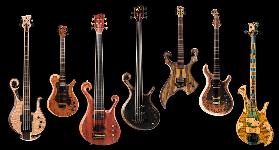 Custom instruments including a fretless bass, lefty bass and SG style guitar