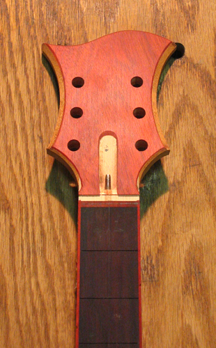 The custom guitar's bloodwood headstock veneer and bloodwood-bound bois de rose fingerboard